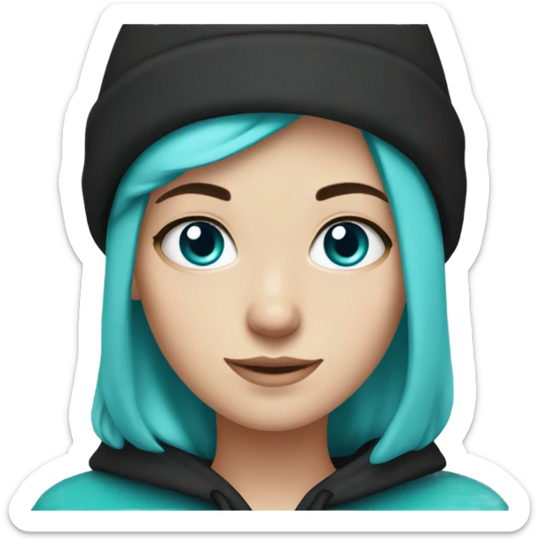 White girl, black hoodie, teal hair, purple beanie hat, blue eyes sticker