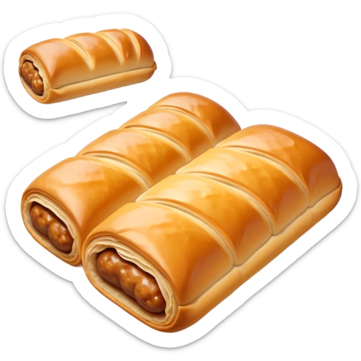 cinematic-realistic-sausage-roll-dish-emoji,-depicted-with-a-crisp,-golden-pastry-wrapped-around-flavorful-sausage,-rendered-with-detailed-textures-sitting ona.     plastic wrapper unrapped  sticker