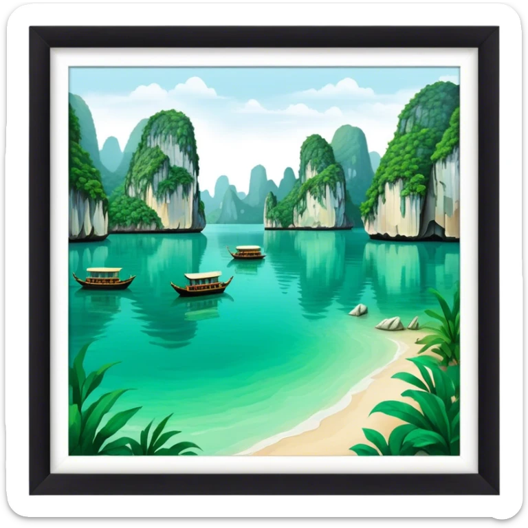 Cinematic Realistic Ha Long Bay Landscape Emoji, depicted with limestone karsts emerging from emerald waters rendered with intricate detail and dynamic natural lighting. sticker