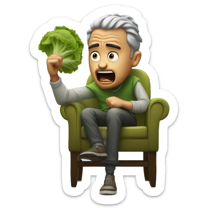 a man who is very mad with a piece of lettuc sticking out of his mouth. he is sitting in a chair and points to a boy who kicked his chair sticker