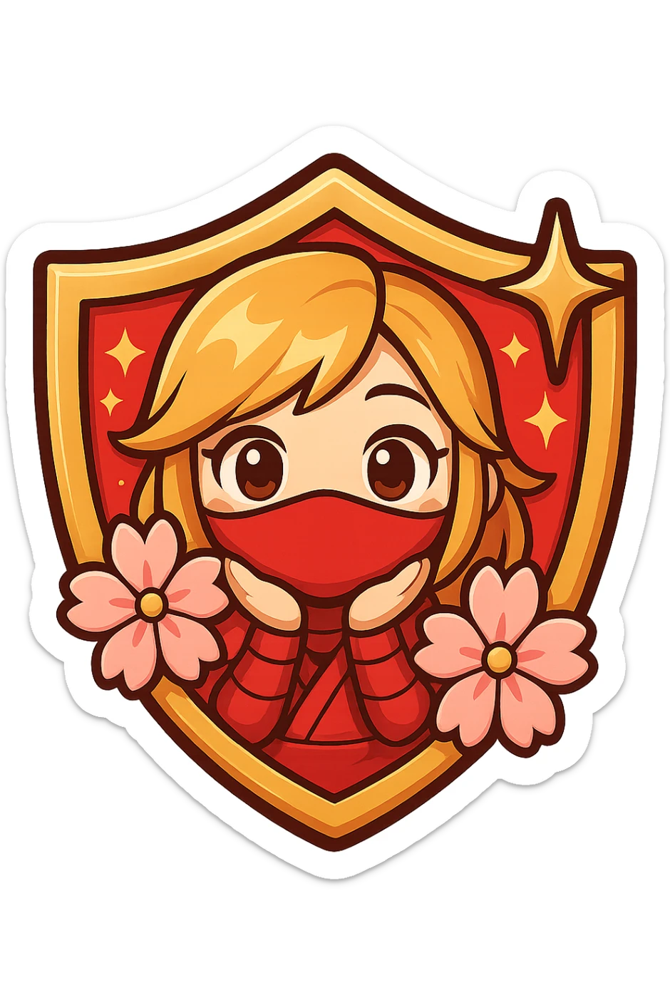 Edit the badge to have a vibrant red color with gold and white accents for the Grandmaster rank, keeping the same design of a chibi ninja girl, sakura flowers, sparkly effects, and badge shape. Maintain transparent background, sized for Twitch or Discord use. sticker