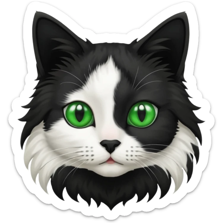 black and white long hair cat. green eyes. black nose. black splotch in the shape of a star near nose (on the right side). sticker