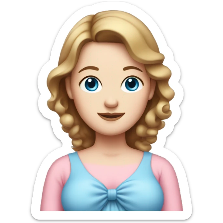 White pregnant lady, with Brown hair and blue eyes. She is wearing a tight pink dress and a bow sticker