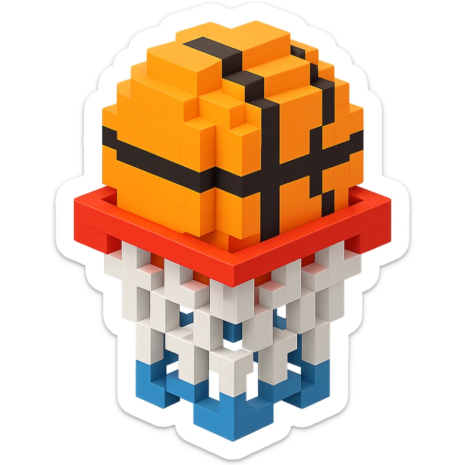 Voxel-style basketball in a net, no background, variation 8. sticker