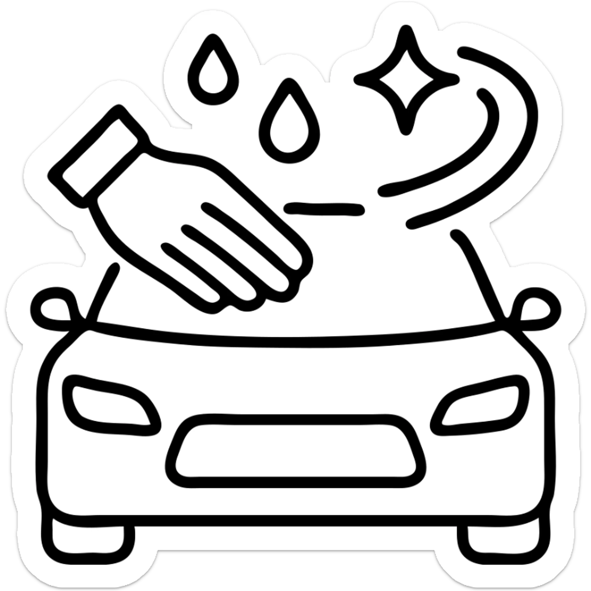outlined icon of a premium car hood with an elegant hand wearing a white glove, water drops and shine, black and silver, smooth motion lines, modern and clean sticker
