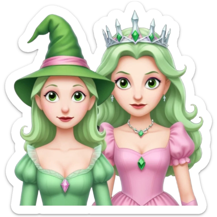 make an emoji of the green wicked witch standind behind the good witch Glinda and being overly protective looking angry and glinda looking happy sticker
