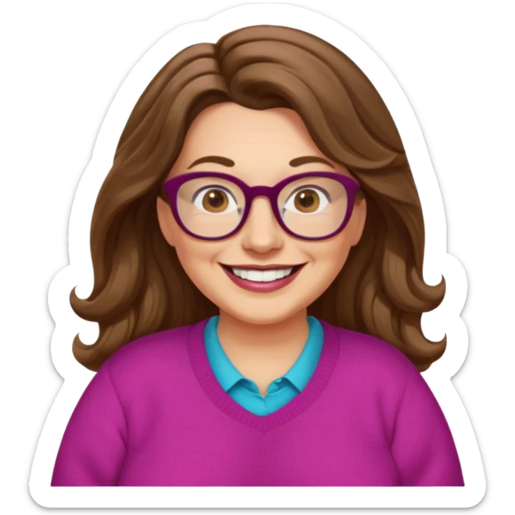 50 yr Caucasian woman, long brown hair parted on side, brown eyes, glasses, big smile, white teeth, fuscia sweater, chubby, wavy hair sticker