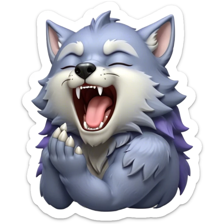Cinematic Cute Yawning Werewolf Portrait Emoji, with a cuddly, miniature lupine form in soft moonlit grays and silvers, head leaning back in a big, adorable yawn that reveals a few fuzzy teeth, simplified yet irresistibly charming, highly detailed with a soft glowing outline that captures the drowsy, playful essence of a werewolf mid-nap! sticker