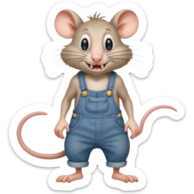 disheveled dizzy cartoon hillbilly frowning rat wearing overalls no shirt. standing and talking full body. human eyes. teeth showing talking. walking talking moving arms. reacting upset sticker