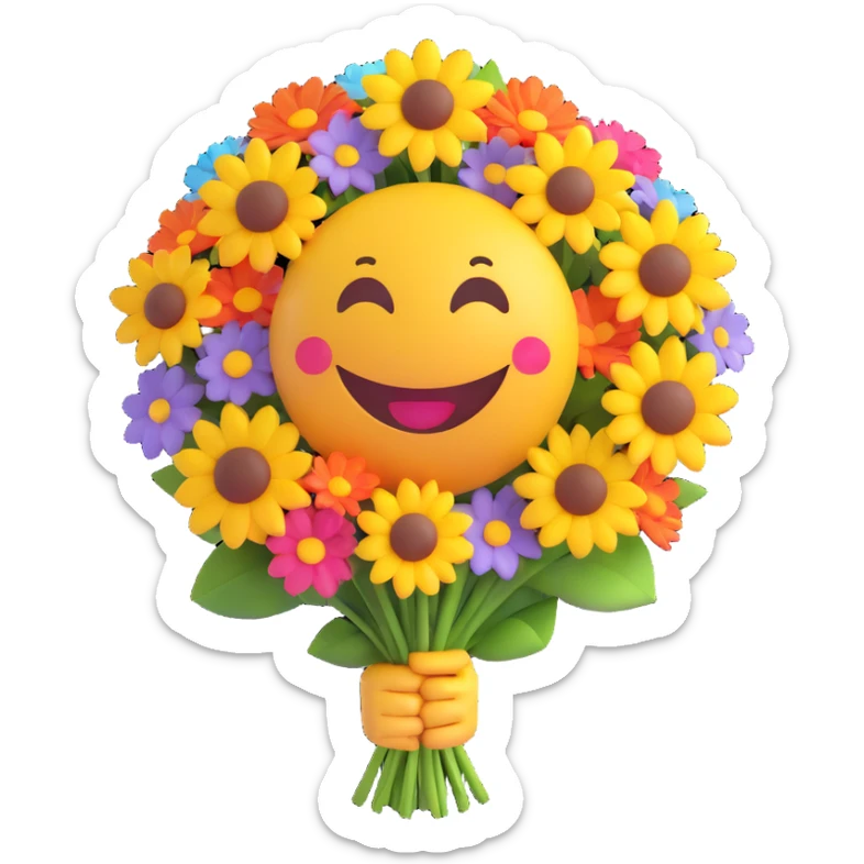3D smiley emoji, round shape, grandmother with bouquet of flowers, purple color, smiling face sticker