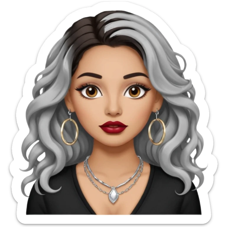 Latina makyaj olsun, düz fiyatlar, halka küpeler büyük gümüş renginde olsun, kolye taksın gümüş renginde. Günümğzdeki latina girl ler gibi olsun saçı uzun olsun. crop olmasın baddy giyisin. makyaj bol olsun, dudak kalemi dudağını dolgun yapsın, kirpiği olsun, saçı kaparık olmasın sticker