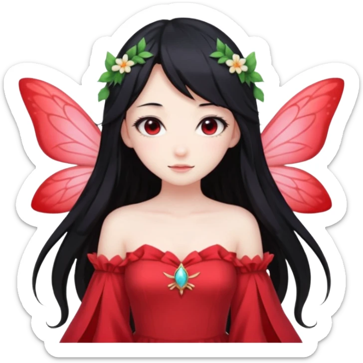 Gothic anime fairy with long beautiful black hair and red dress, pastelcore, sticker