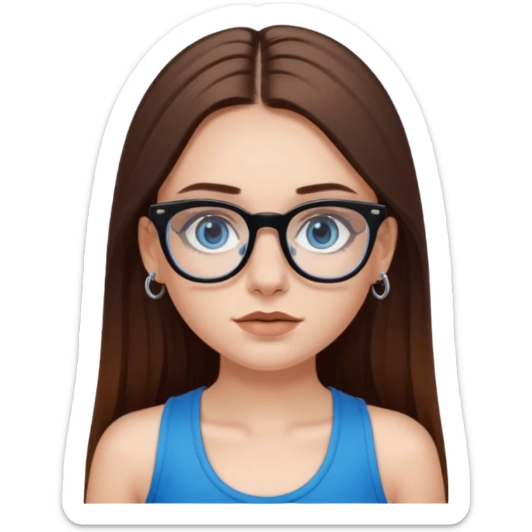 White girl with long straight brown hair and blue eyes wearing plastic frame glasses that go from black to clear ombré from top to bottom. Stud nose piercing on right side of nose and a septum piercing (the ring on bottom of nose). Wearing black tank top. sticker