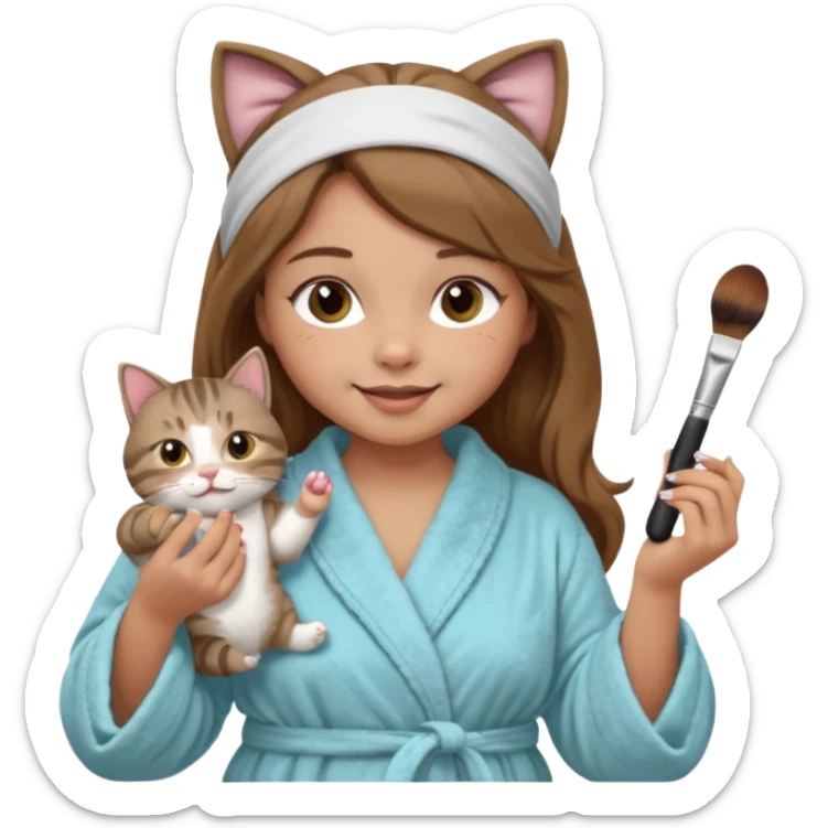 A image of a girl with light long brown hair wearing a bathrobe and headband doing her makeup with her chubby grey tabby cat. She is smiling sticker