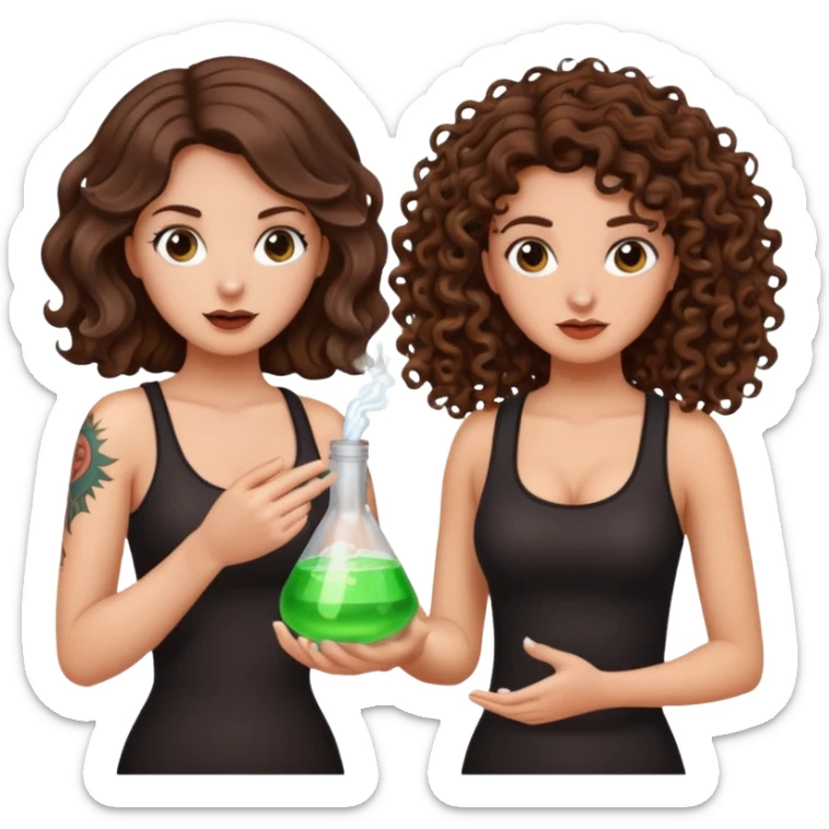 wrong mixture — long wavy brown hair tattooed woman and short tight curly brown hair woman — panic holding glowing flask sticker