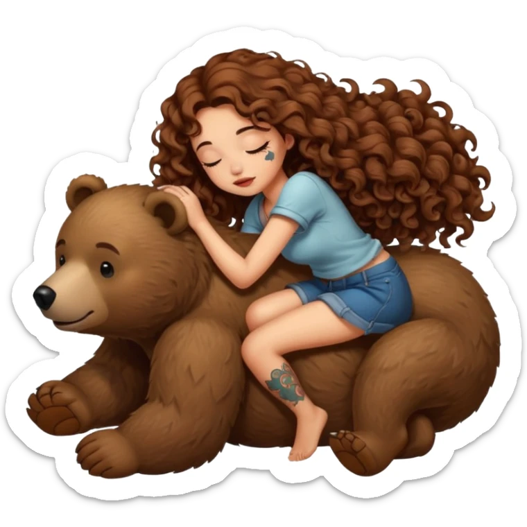 cute woman long curly brown hair tattoos riding sleepy bear sticker