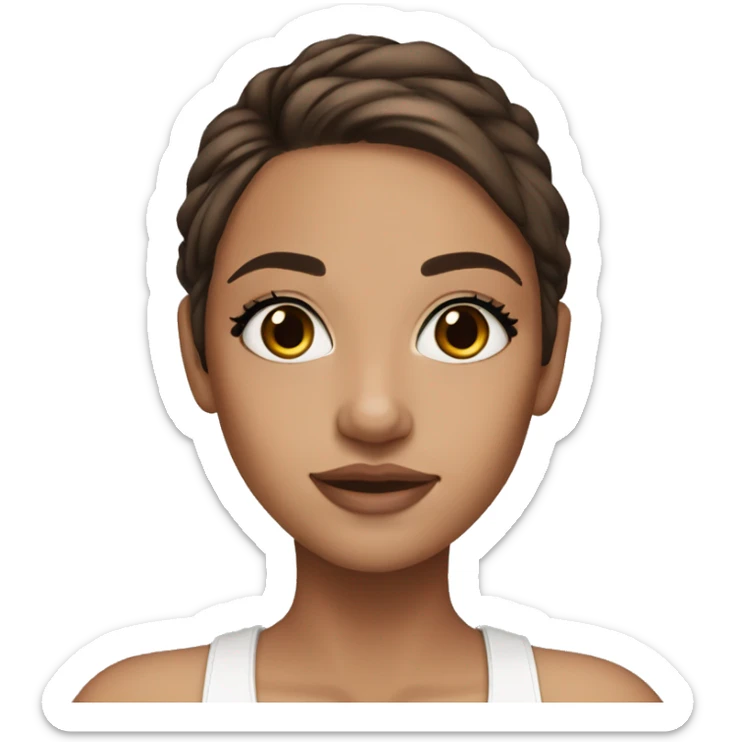 Girl brown hair, brown eyes, clear skin and makeup, eyeliner sticker