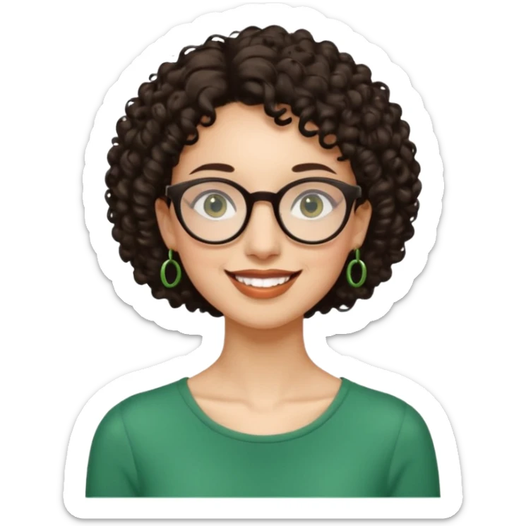 Slim, very slender woman with light skin, short dark curly hair, large brown eyes, black round glasses, big green earrings, thin arms and narrow shoulders, warm wide smile, friendly and intelligent expression. sticker