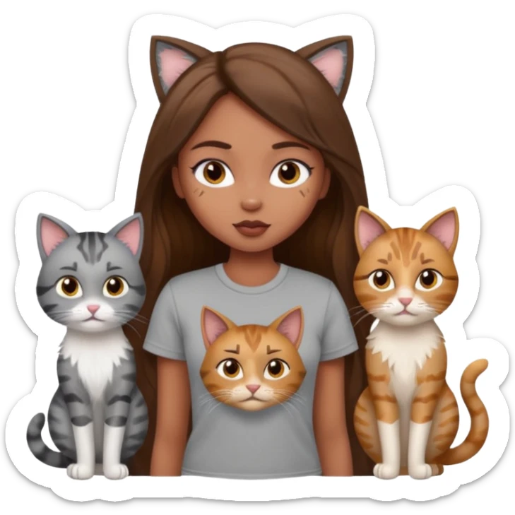 a pretty bratz dusky girl with long brown hair with four cats nd wearing a grey tshirt sticker