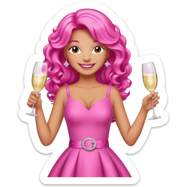 One lady with long hot pink curled hair and tan skin wearing a pink dress with sparkly belt holding a glass of pink champagne in each hand smiling cheerfully  sticker