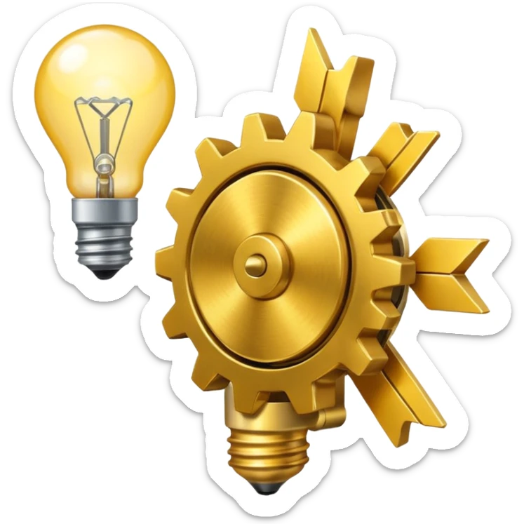 a gear with golden raising arrow behind it on the right side, and then a small golden beaming light bulb on the left side sticker