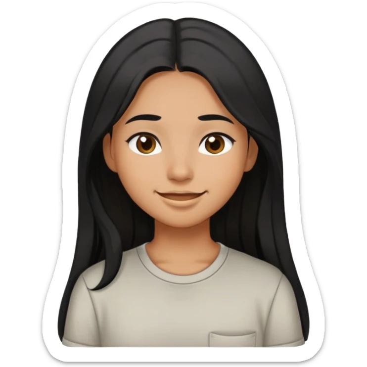 girl with olive brown skin, long black hair, brown eyes, closed-mouth smile, wearing a casual shirt sticker
