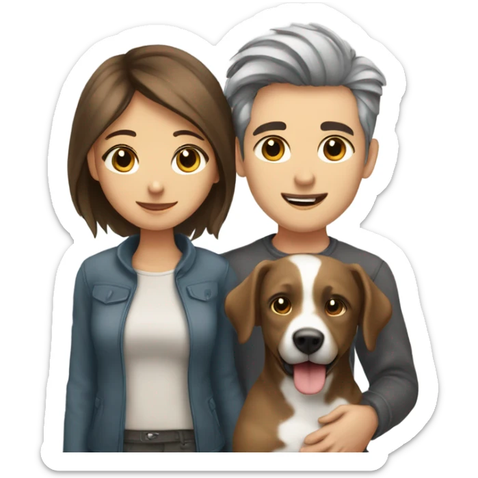 Cute couple girl brown hair boy grey hair kissing with a dog in background  sticker