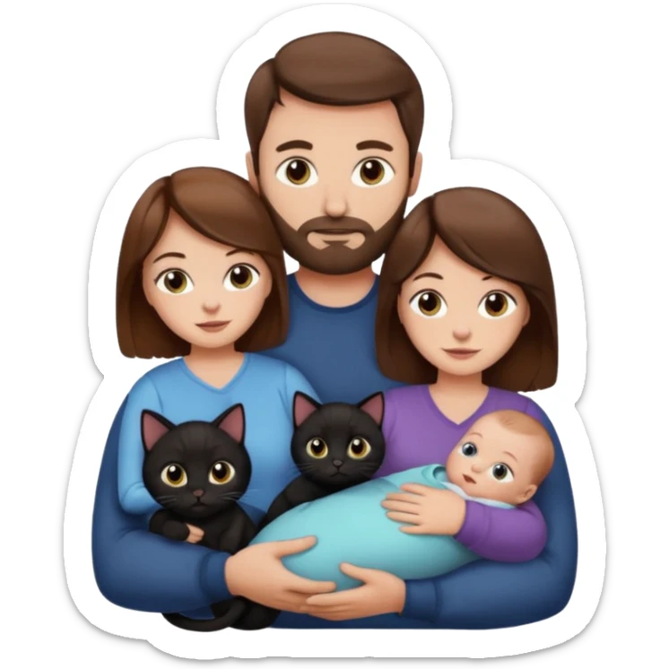 1 mom brown hair, 1 dad no beard, 1 baby and 1 black cat sticker
