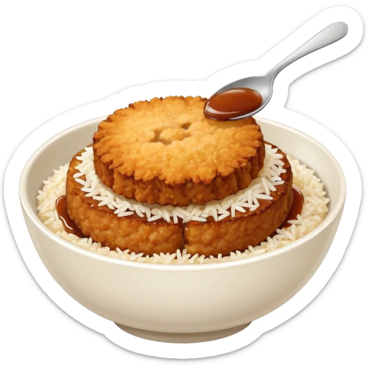 bowl filled with rice, a bit of brown sauce over the rice and a breaded pork cutlet over it sticker