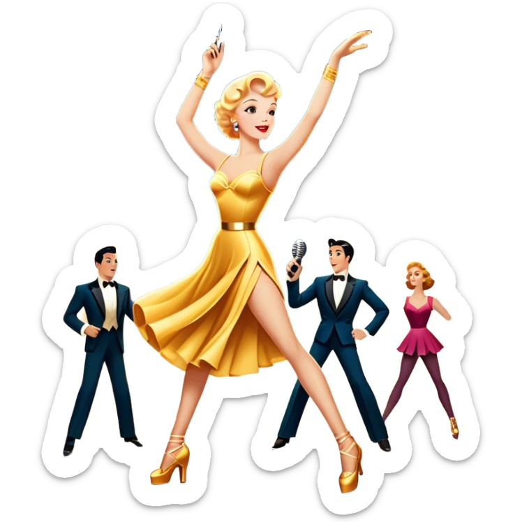 Vintage movie poster-style icon for a musical film. The cityscape glows in the background, evoking the golden era of musicals. A vibrant street scene with bright lights, dancers mid-step, a singer with a microphone among the skyscrapers. Transparent background. sticker