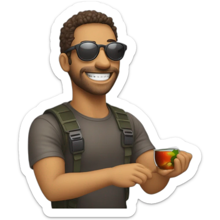 persona sonriendo con gafas de sol y mostrar la persona parada haciendo una seña con el pulgar solo y agarrandose los lentes con la otra mano sticker