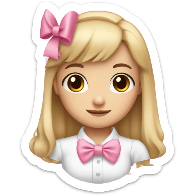 A cute emoji-style girl brown eyes, fair skin, and long blonde hair with bangs . She has two big pink bows on both sides of her head and wears a white blouse with a pink bow tie. sticker