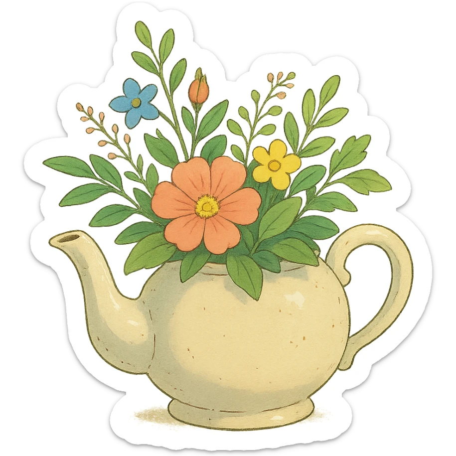 teapot with flowers and leaves in ghibli style, delicate, detailed, natural elements sticker