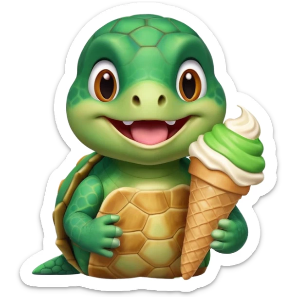 cute turtle portrait, head and shoulders only, licking an ice cream cone, funny happy expression, 3D cartoon, mobile game icon style, clean background, no text, no watermark
 sticker