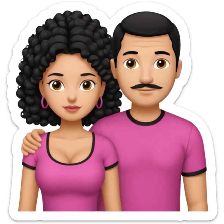 A picture if a couple. the man is a Mexican man with tanned skin, black hair, a bald hair cut, short beard and wearing a black shirt. the woman is mixed with black and white, with curly long hair, wearing a pink shirt and with big boobs sticker