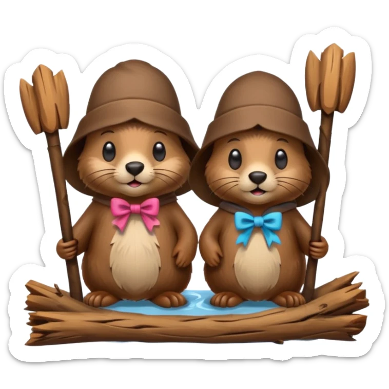 a beaver couple, one a female with a bow on her head in a beaver home made of sticks and logs sticker
