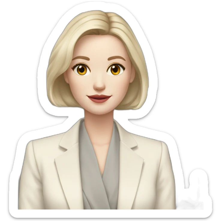 pale skin woman with ash blonde Straightened bob Hair, White Spacious classical jacket, beige palazzo Arrow pants and gray blouse holding a color palette in the hands sticker