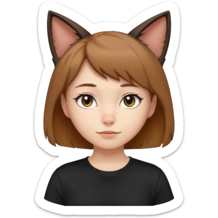 a girl with short brown wolf cut , cat ears and a tail, with a black t-shirt on sticker