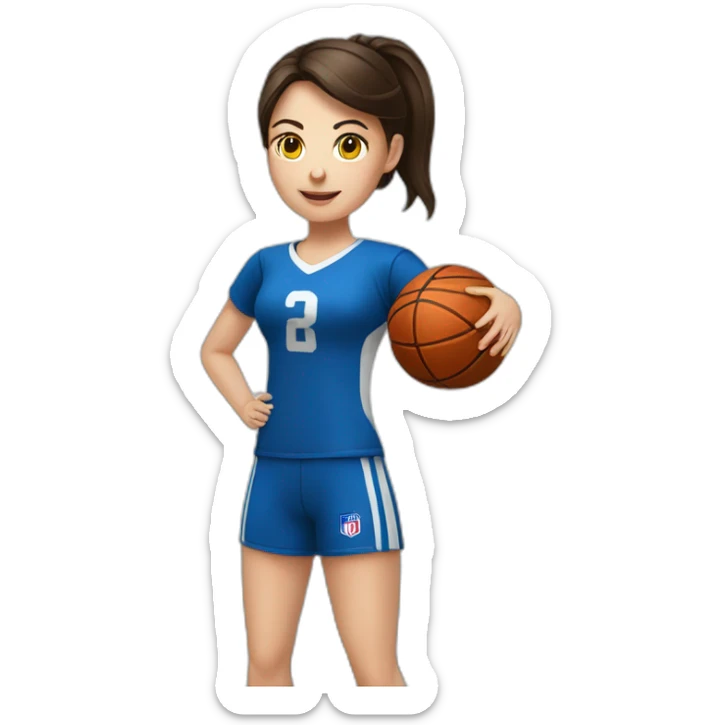 White skin brunette female playing football with very small basket ball sticker