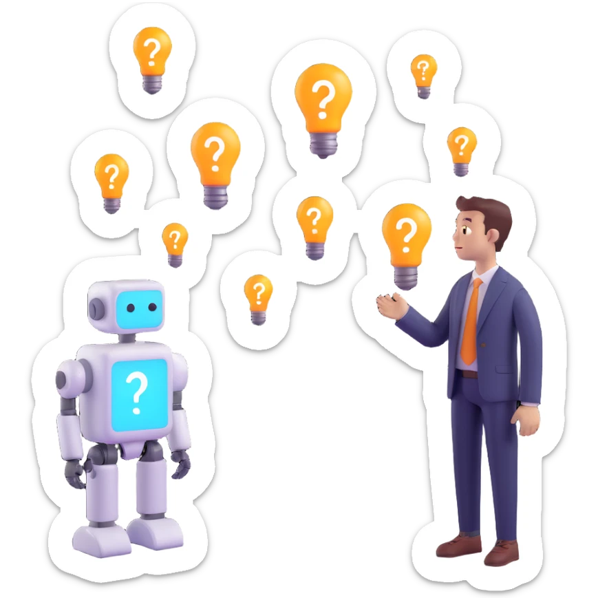 3D emoji style illustration of a thoughtful person looking at a friendly AI robot, with question marks and lightbulbs above their heads, representing curiosity and concern about the future of work with AI sticker