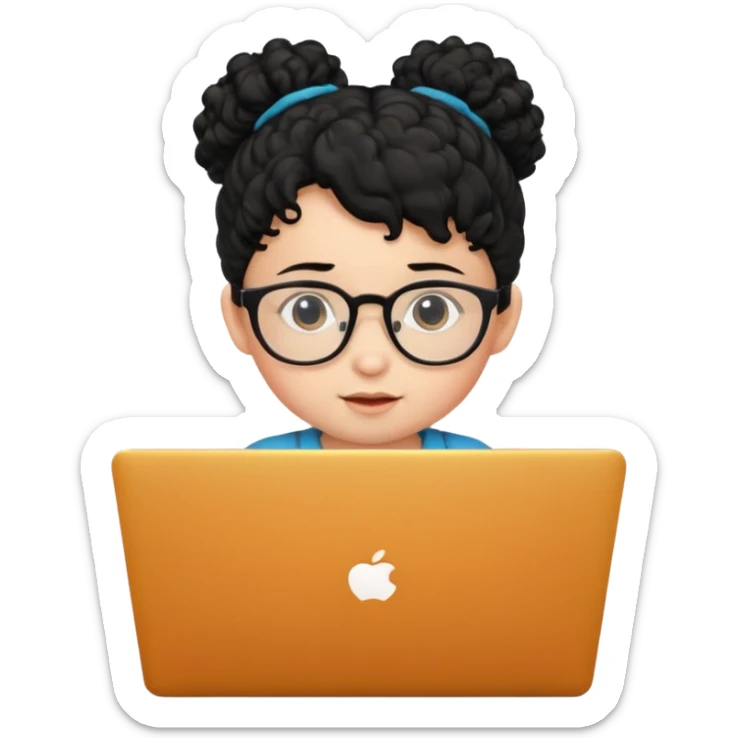A baby DEVELOPER WITH A laptop, black curly hair and topknot, wearing glasses sticker