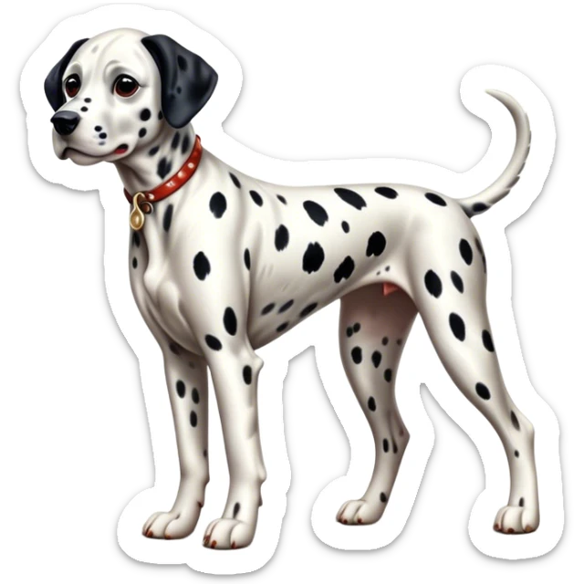 Cinematic Realistic full-body portrait of a Dalmatian dog, rendered with glossy, meticulously detailed spotted fur and expressive, alert eyes, set against a clean, neutral backdrop that highlights its regal and athletic stance. sticker