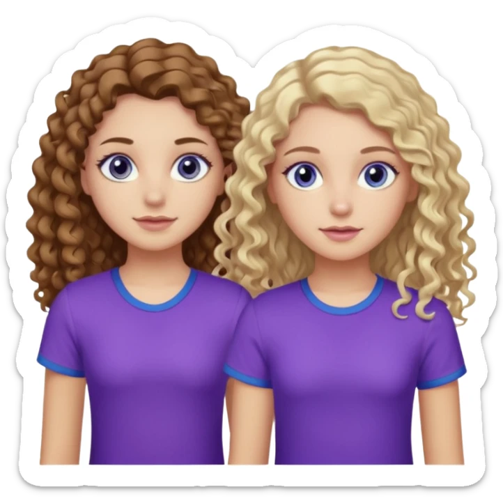 Twin sisters, one has brown eyes, long curly brown hair, the other one has blue eyes and straight blond hair purple top sticker