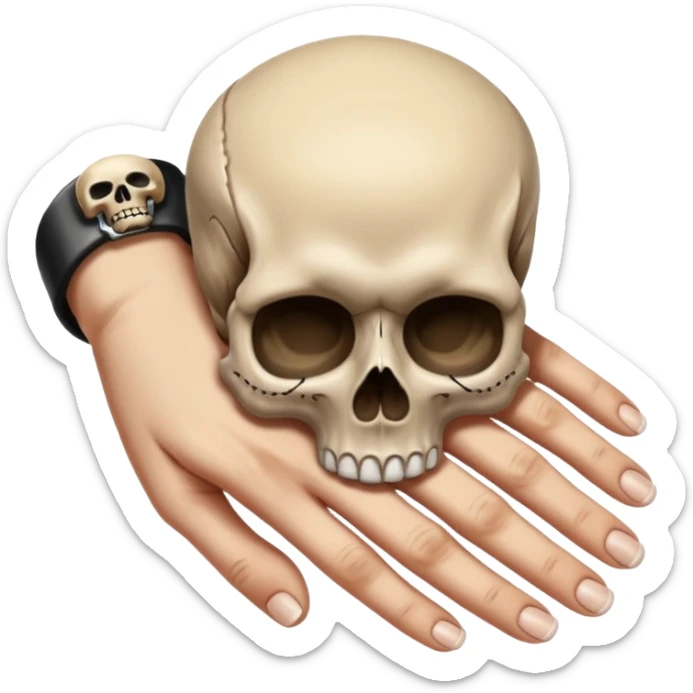 Main avec l’annulaire de baissé, poignet courbé et une tête de mort en tatouage sur le dessus de la main sticker