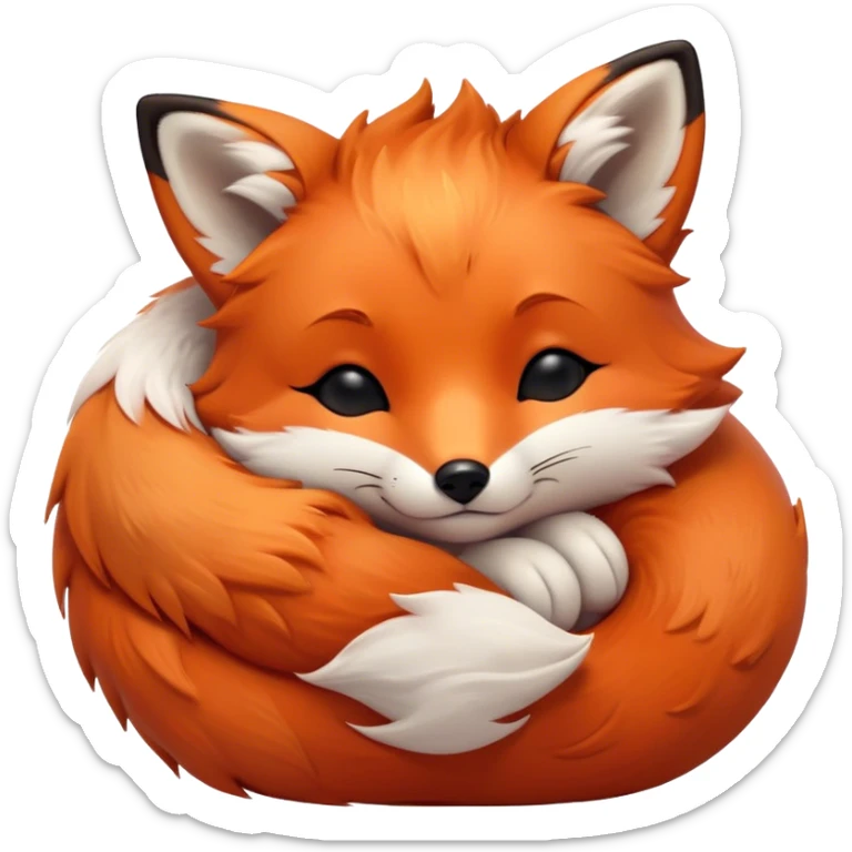 Cinematic cute sleepy fox, curled into a cozy fluffy ball, warm glowing fur, tiny black nose resting on its tail, soft breathing visible, peaceful and charming. sticker