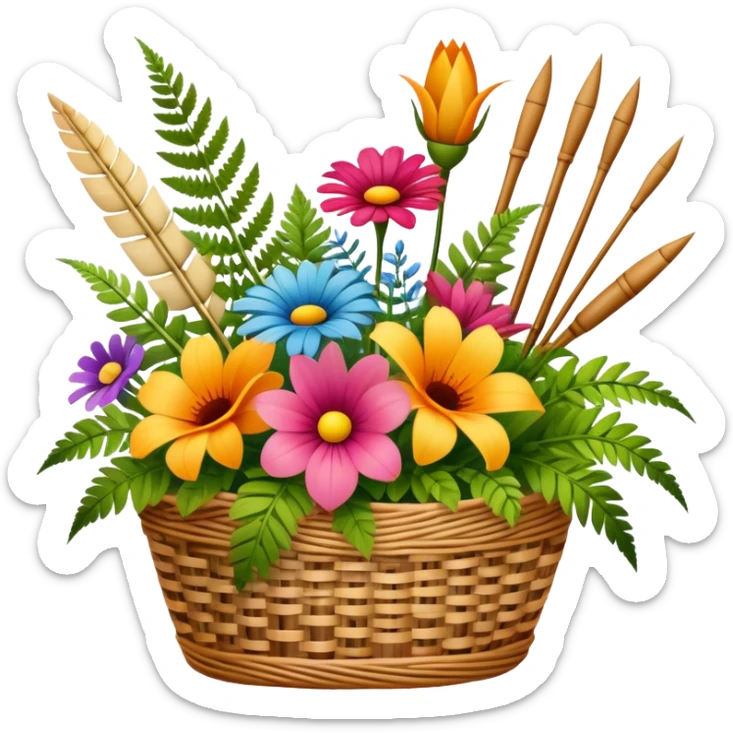 Icon for Floristry: a bouquet of flowers in a woven basket, with reeds, ferns and floral arranging tools nearby, like scissors and a flower stem. The icon should represent creativity in flower design and arranging. Transparent background. sticker