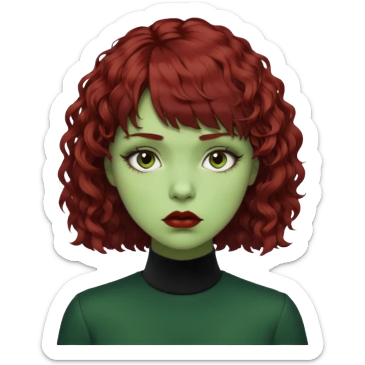 quero que você cria uma mulher, o rosto dela. nela, ela tem cabelo curto e ondulado, tem franja e ela tem semblante triste(cabelo cor meio preto avermelhado) deixe mais cacheado, faça ela bem alternativa (estilo) deixe ela com cor de pele verde sticker
