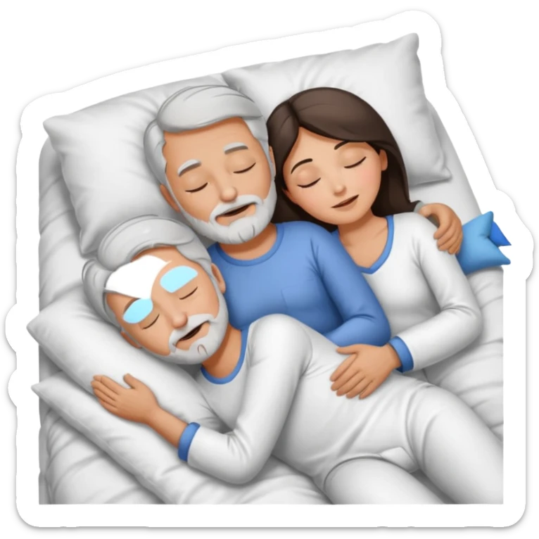 Man with grey hair and beard,beautiful brunette woman sleeping in bed together in the spooning position  sticker