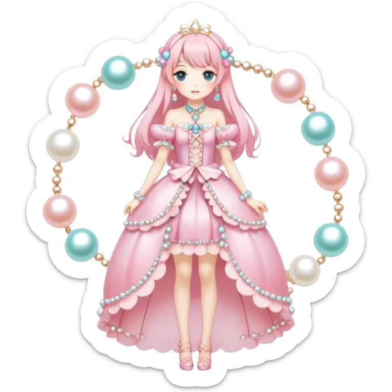 Gorgeous anime style-Ladies-Full body shot-Blush-Full accessories-House core-Fairy core-Kawaii anime-Colorful-Pearls-Romantic-Aesthetic pop style sticker