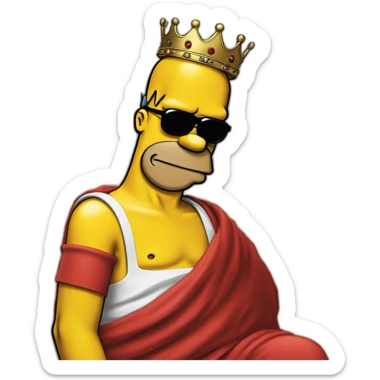 Half body portrait of homer simpson wearing a red cloth, black sunglasses and a crown and sitting in a huge thorn sticker